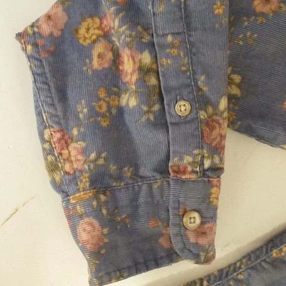 Floral Corduroy Shirt 100% Cotton Fine Wale Periwinkle Blue LL Bean Pink Roses - Picture 8 of 10
